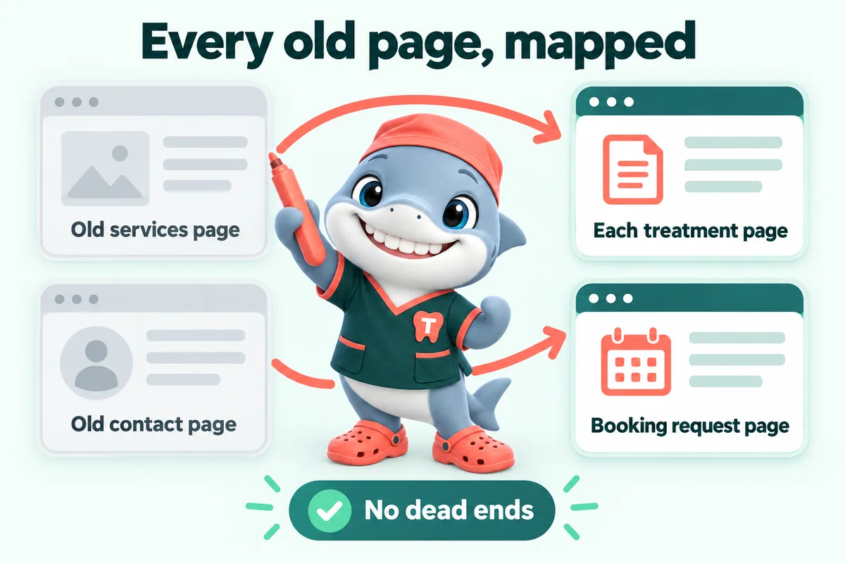 Infographic with Tuna, the GetDentalWebsite mascot: Every old page, mapped. Old services page to each treatment page. Old contact page to booking request page. No dead ends.