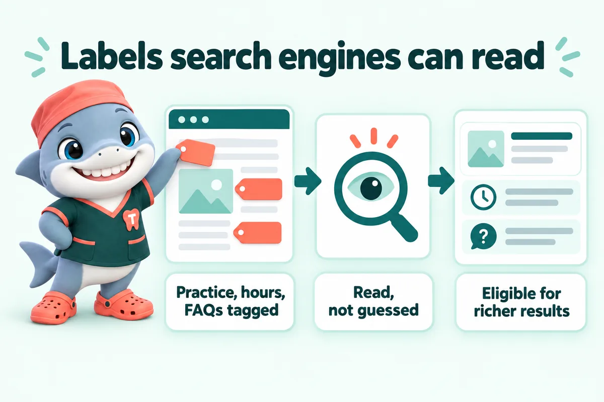 Infographic with Tuna, the GetDentalWebsite mascot: Labels search engines can read. Practice, hours, FAQs tagged. Read, not guessed. Eligible for richer results.