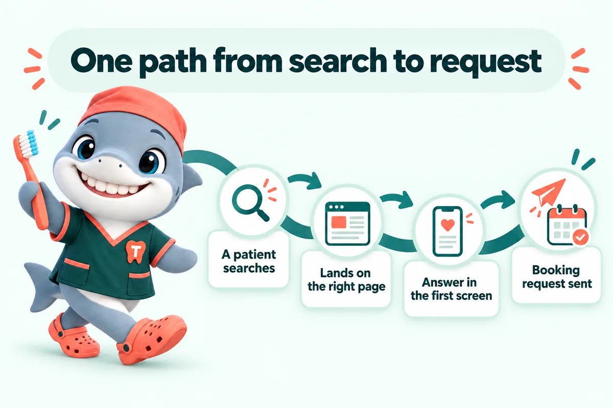Infographic with Tuna, the GetDentalWebsite mascot: One path from search to request. A patient searches. Lands on the right page. Answer in the first screen. Booking request sent.