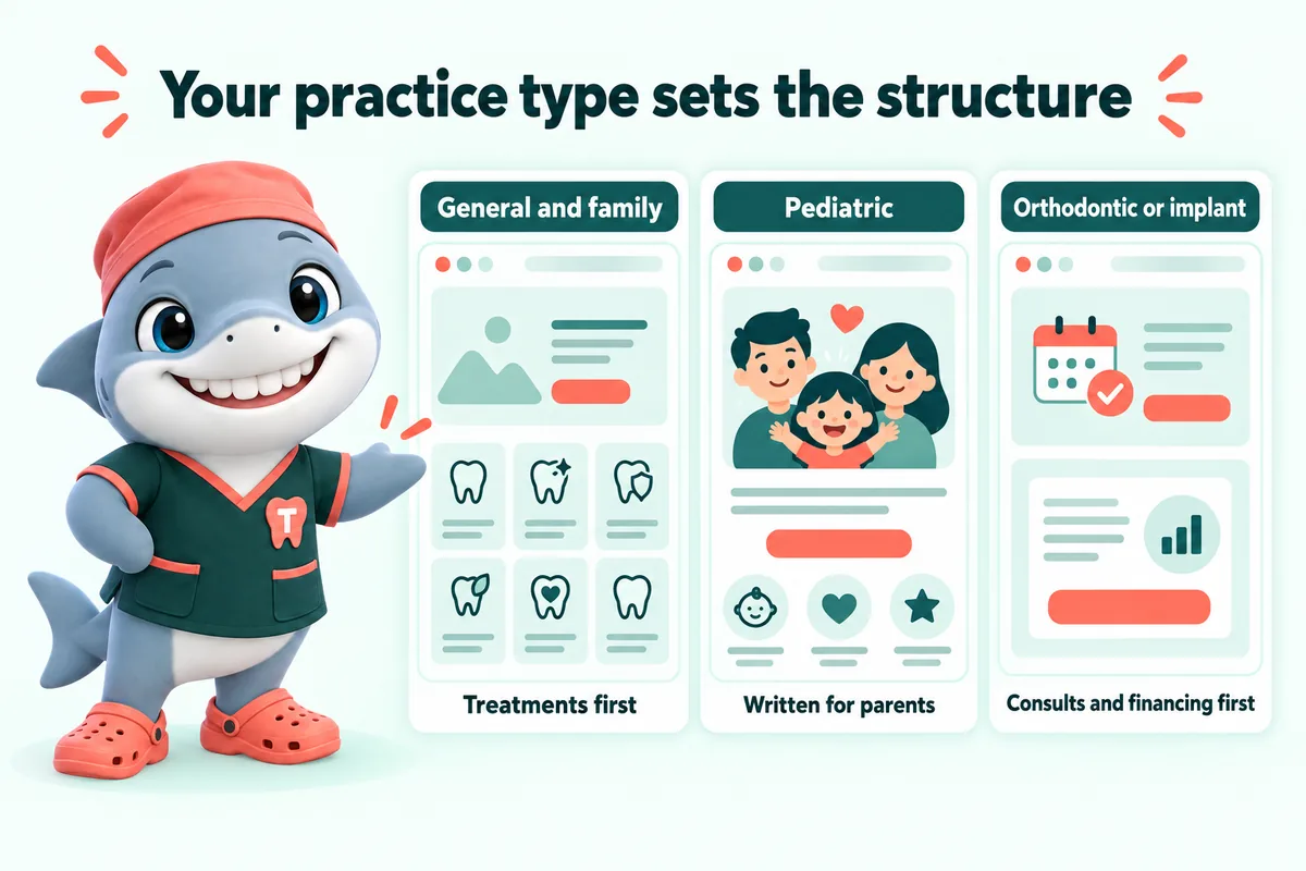 Infographic with Tuna, the GetDentalWebsite mascot: Your practice type sets the structure. General and family: treatments first. Pediatric: written for parents. Orthodontic or implant: consults and financing first.