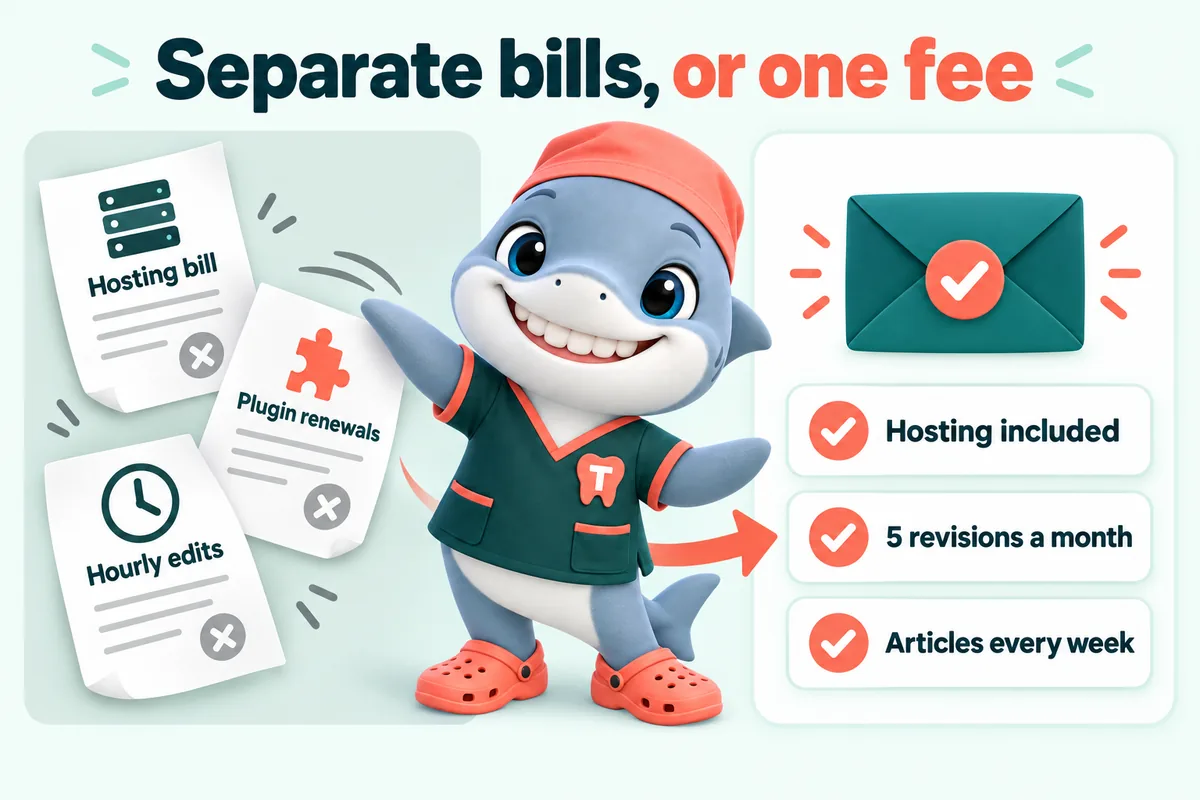 Infographic with Tuna, the GetDentalWebsite mascot: Separate bills, or one fee. Hosting bill. Plugin renewals. Hourly edits. Hosting included. 5 revisions a month. Articles every week.