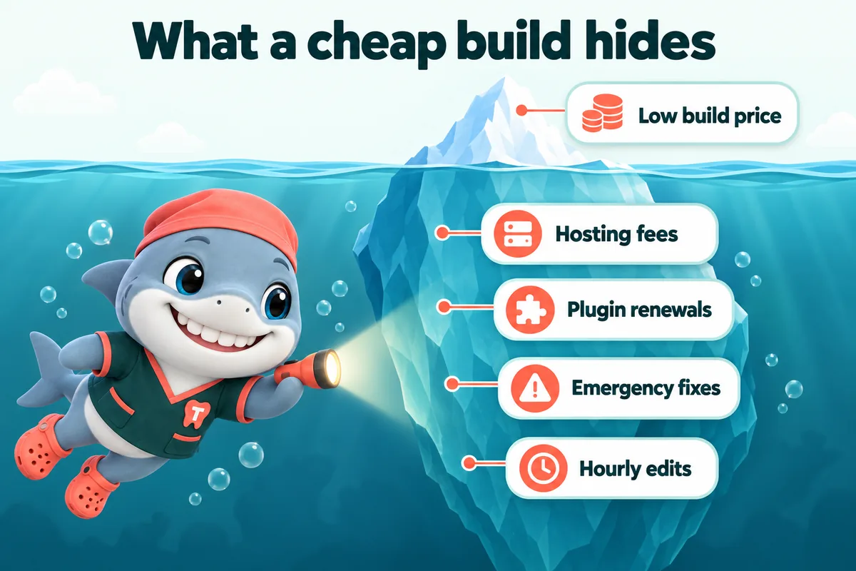 Infographic with Tuna, the GetDentalWebsite mascot: What a cheap build hides. Low build price. Hosting fees. Plugin renewals. Emergency fixes. Hourly edits.