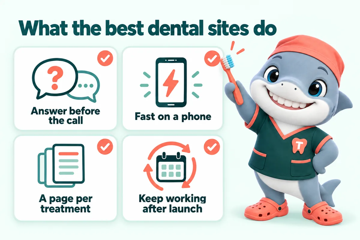 Infographic with Tuna, the GetDentalWebsite mascot: What the best dental sites do. Answer before the call. Fast on a phone. A page per treatment. Keep working after launch.
