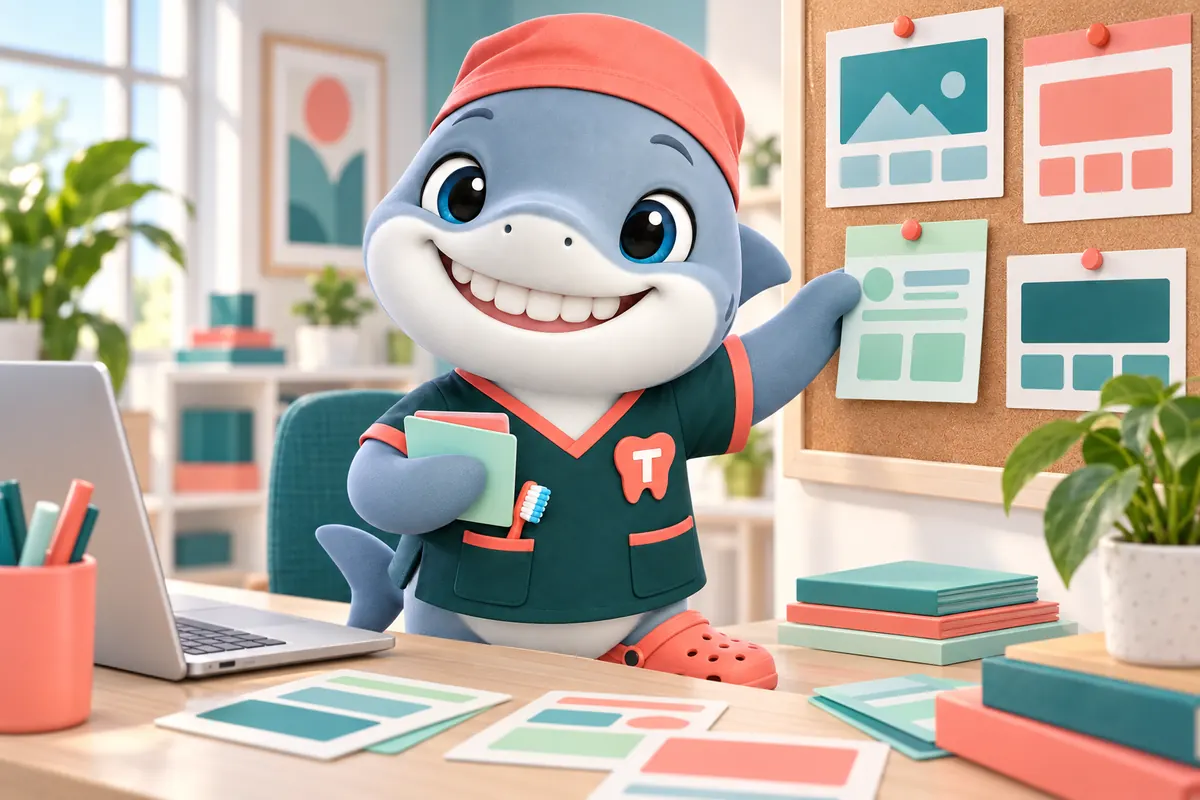 Tuna, the GetDentalWebsite shark mascot, pinning colored website page cards to a board in a bright design studio